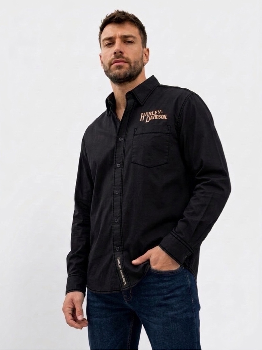 Harley-Davidson Men's Black Long Sleeve Button Up Shirt Bull Skull Flames Biker